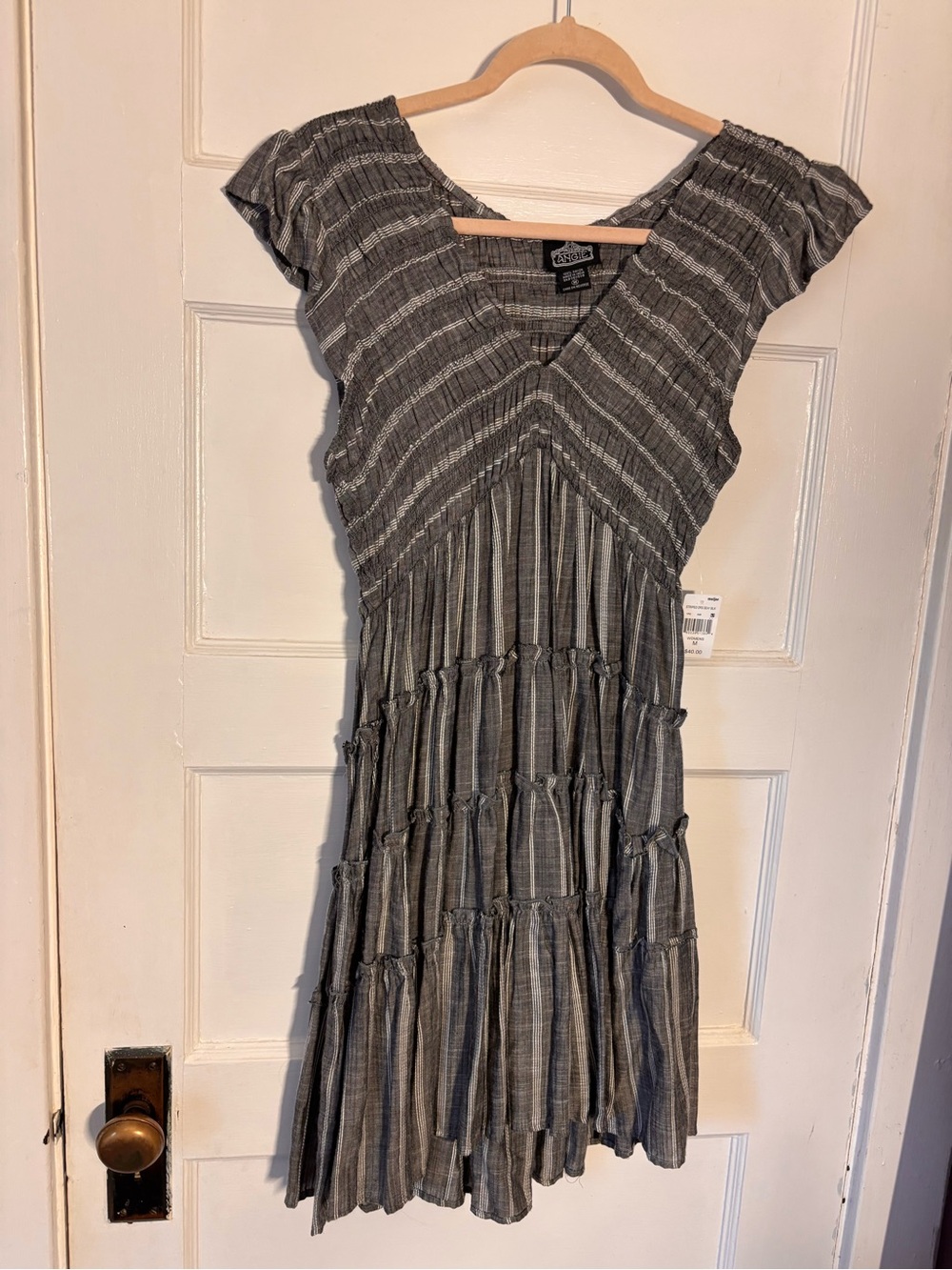 Tiered V-Neck Gray Stripe Angie Dress NWT